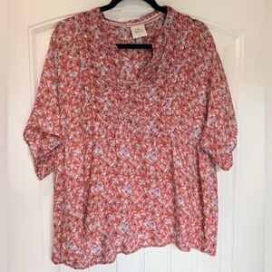 Knox Rose Red & White Floral Blouse XL Boho Short Sleeve Peasant Top